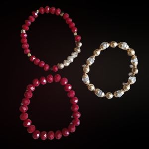 3 Bracelets Ruby Red/ Gold Tone